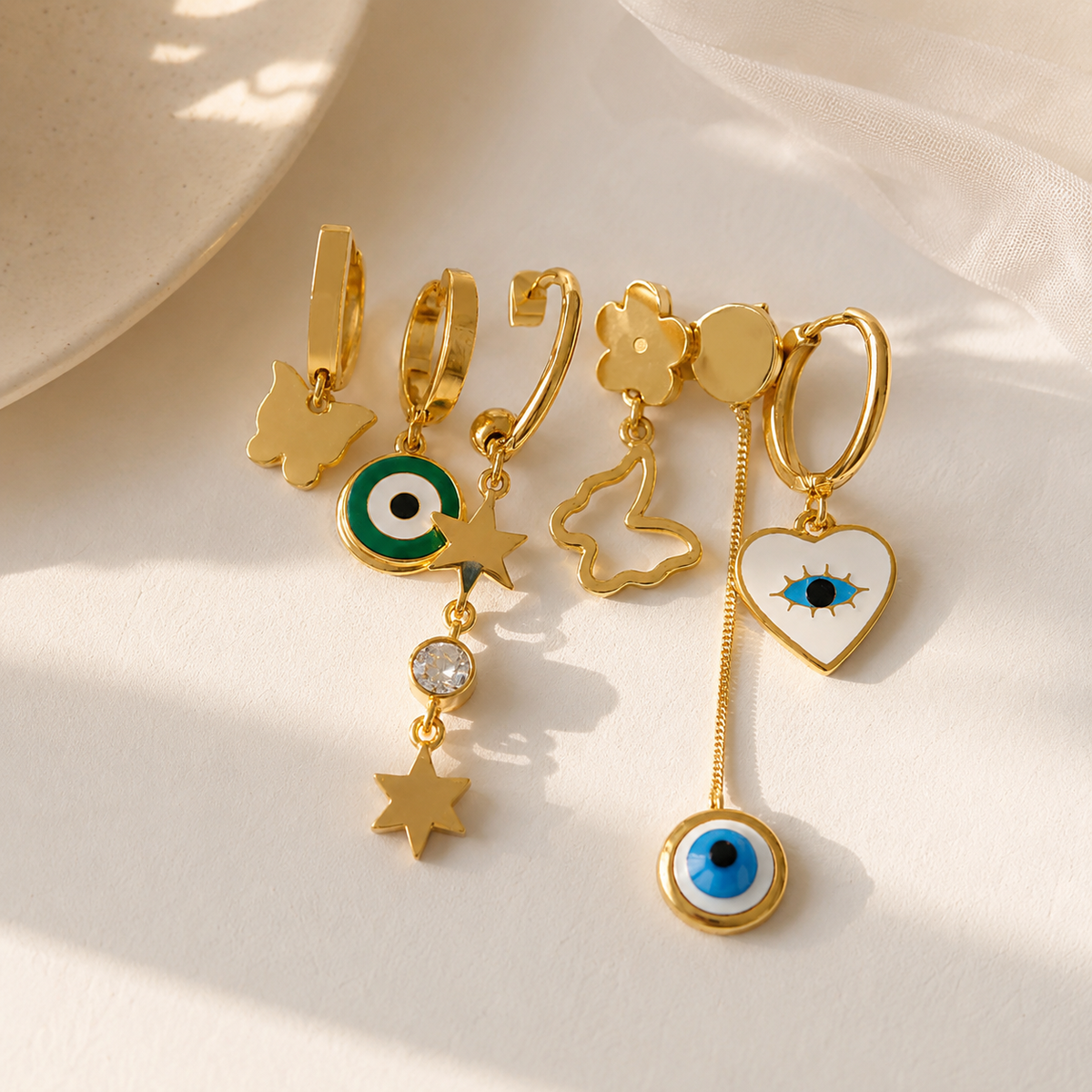 Gold-Tone Evil Eye & Celestial Charm Earring Set