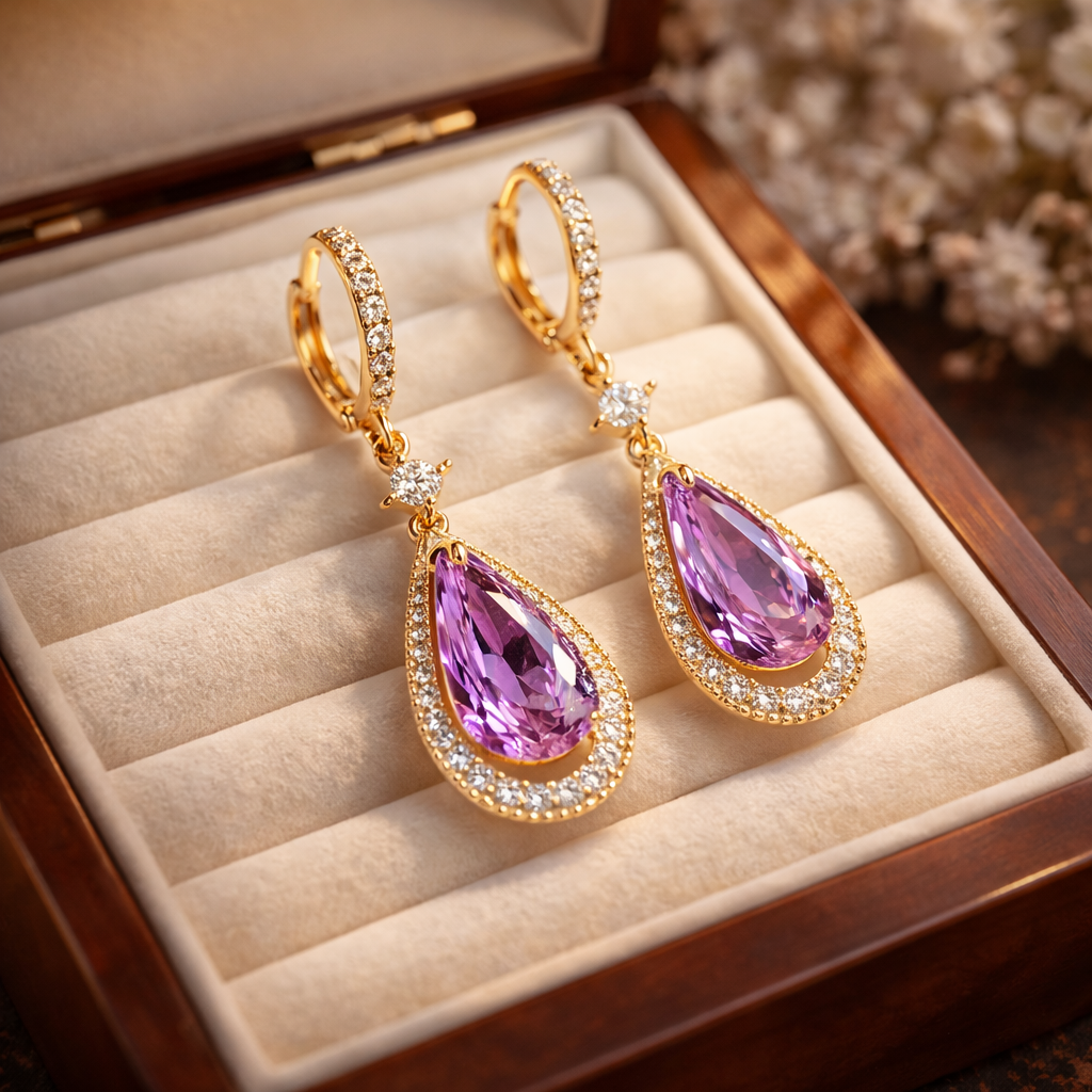 Elegant Purple Teardrop Crystal Gold Earrings