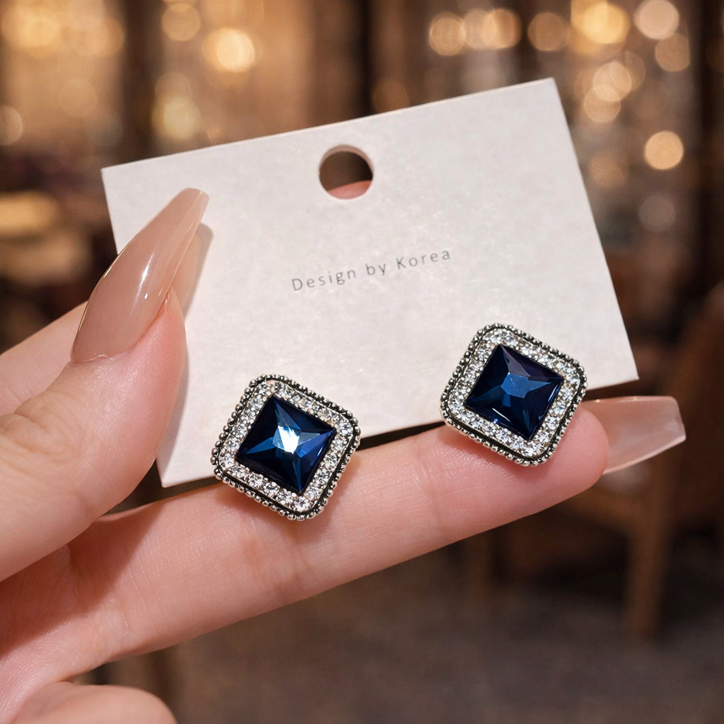 Elegant Blue Crystal Square Stud Earrings
