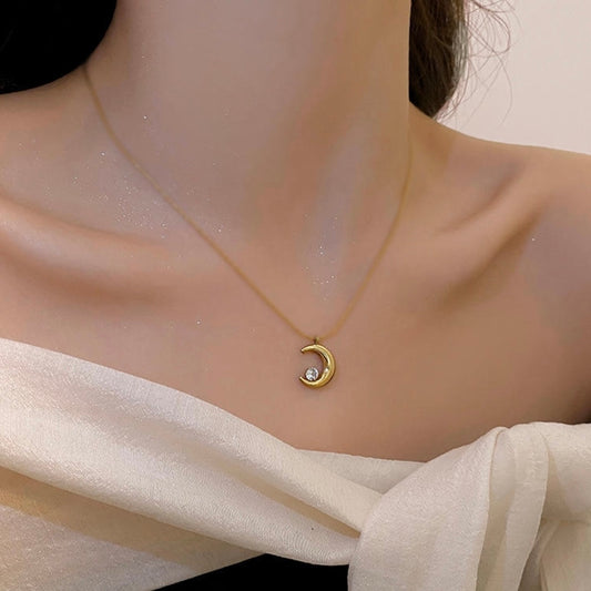 Dainty Gold Crescent Moon Pendant Necklace with Solitaire Crystal