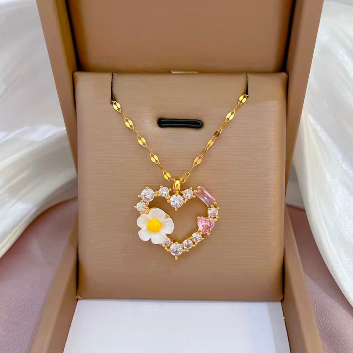 Floral Heart Crystal Pendant Necklace