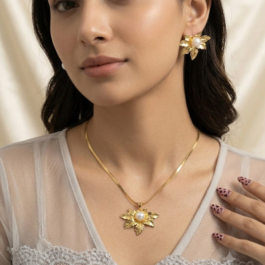 Anti-Tarnish Gold Plated Leaf Pearl Pendant & Earrings Combo
