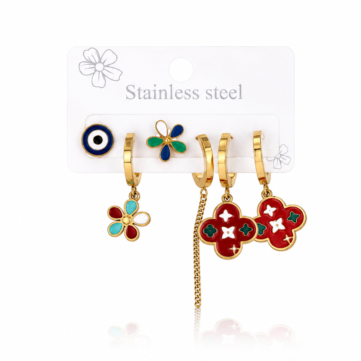 Stainless Steel Boho Enamel Earring Set – Evil Eye, Flower, & Clover Hoop Earring Combo