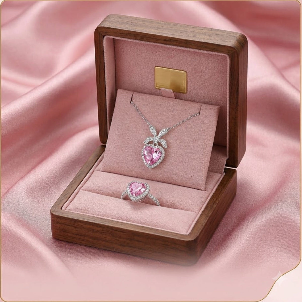 Silver Pink Heart Crystal Pendant Necklace and Ring Combo