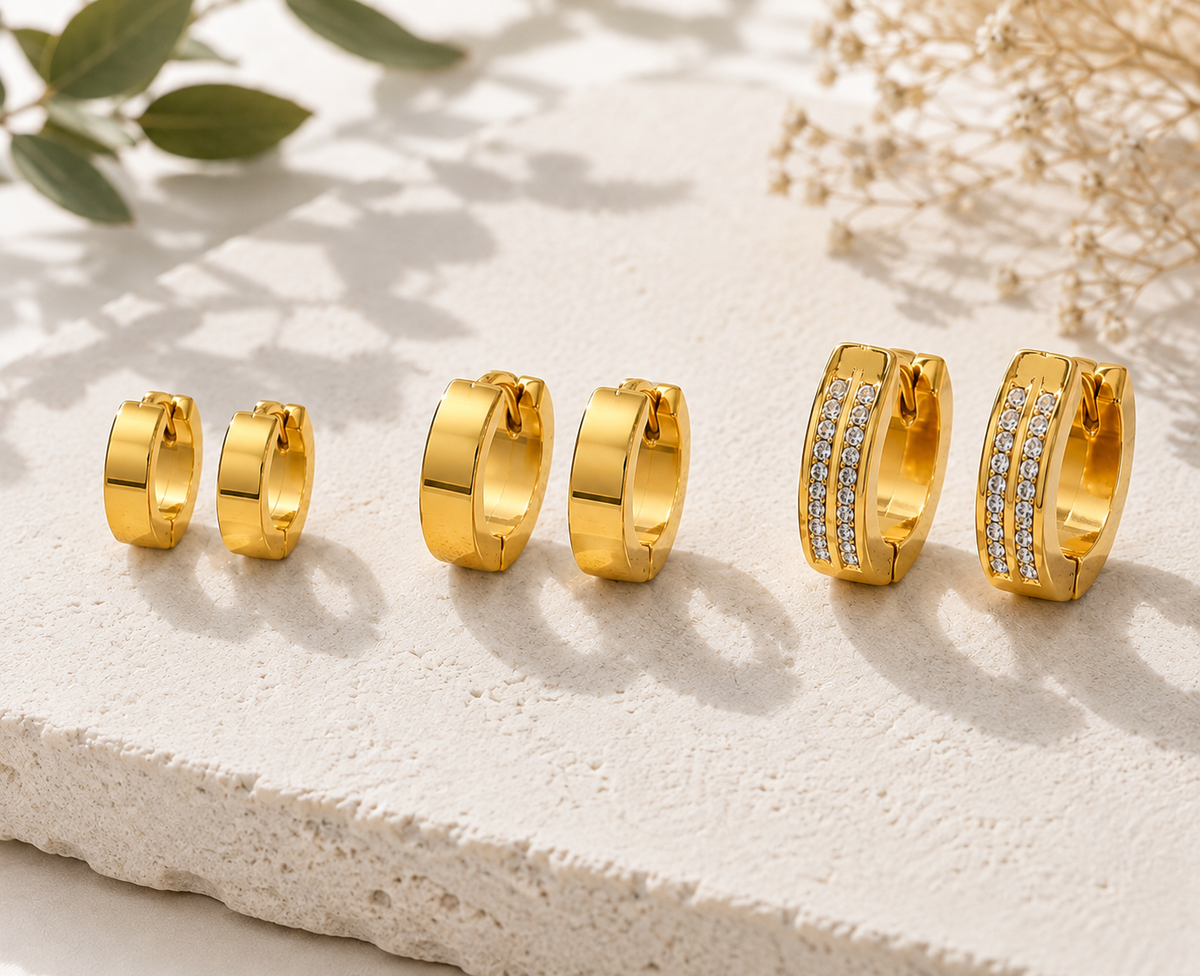 3-Pair Gold-Plated Stainless Steel Huggie Hoop Earring Set