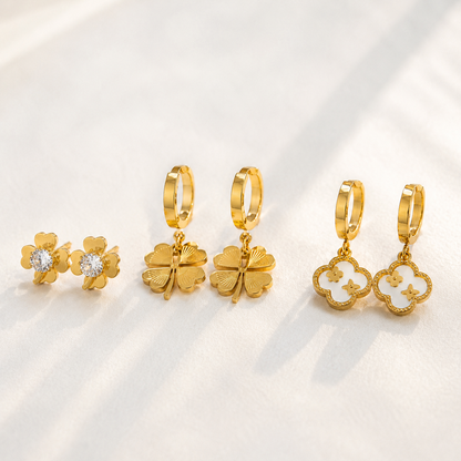 18K Gold Plated Stainless Steel Four-Leaf Clover & Flower Huggie Hoop Earring Set