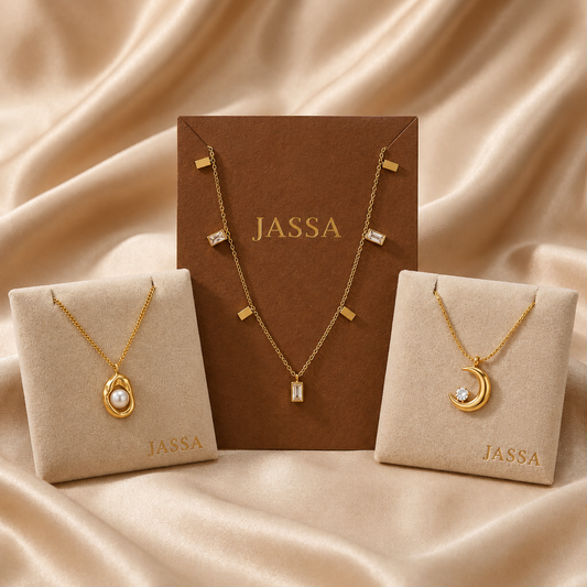 JASSA Gold Necklace Collection – Organic Pearl, Baguette Station & Crescent Moon