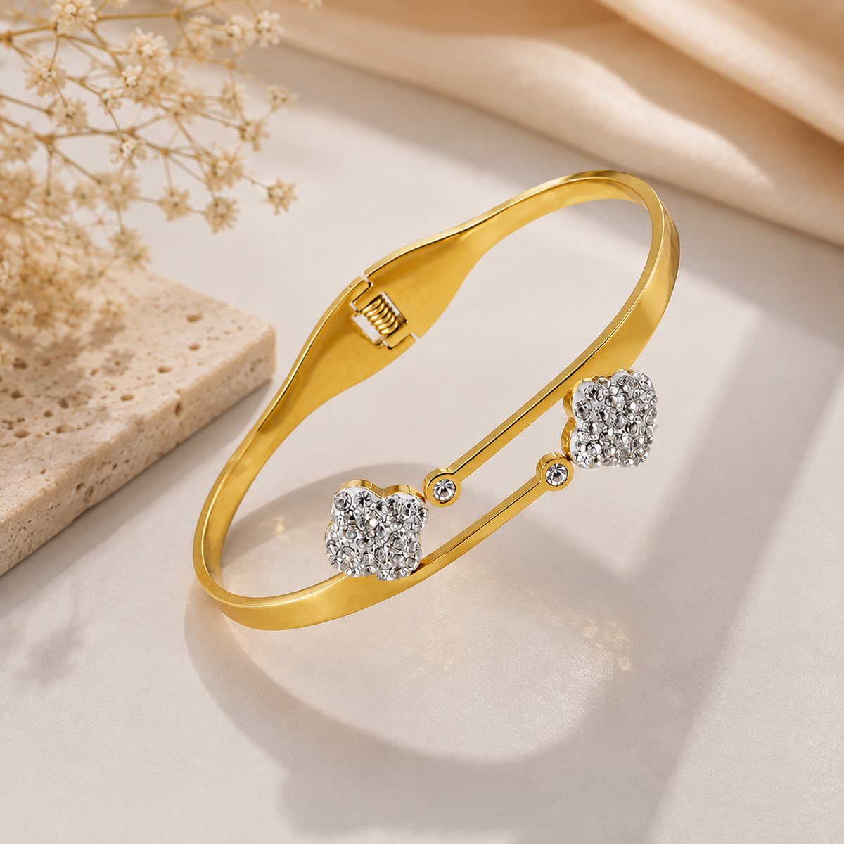 JASSA Gold Plated Heart Crystal Open Cuff Bracelet for Women