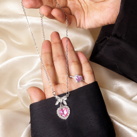 Silver Pink Heart Crystal Pendant Necklace and Ring Combo