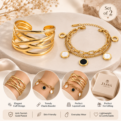 Gold-Tone Layered Bracelet Set with Sculptural Cuff and Roman Numeral Coin Charms