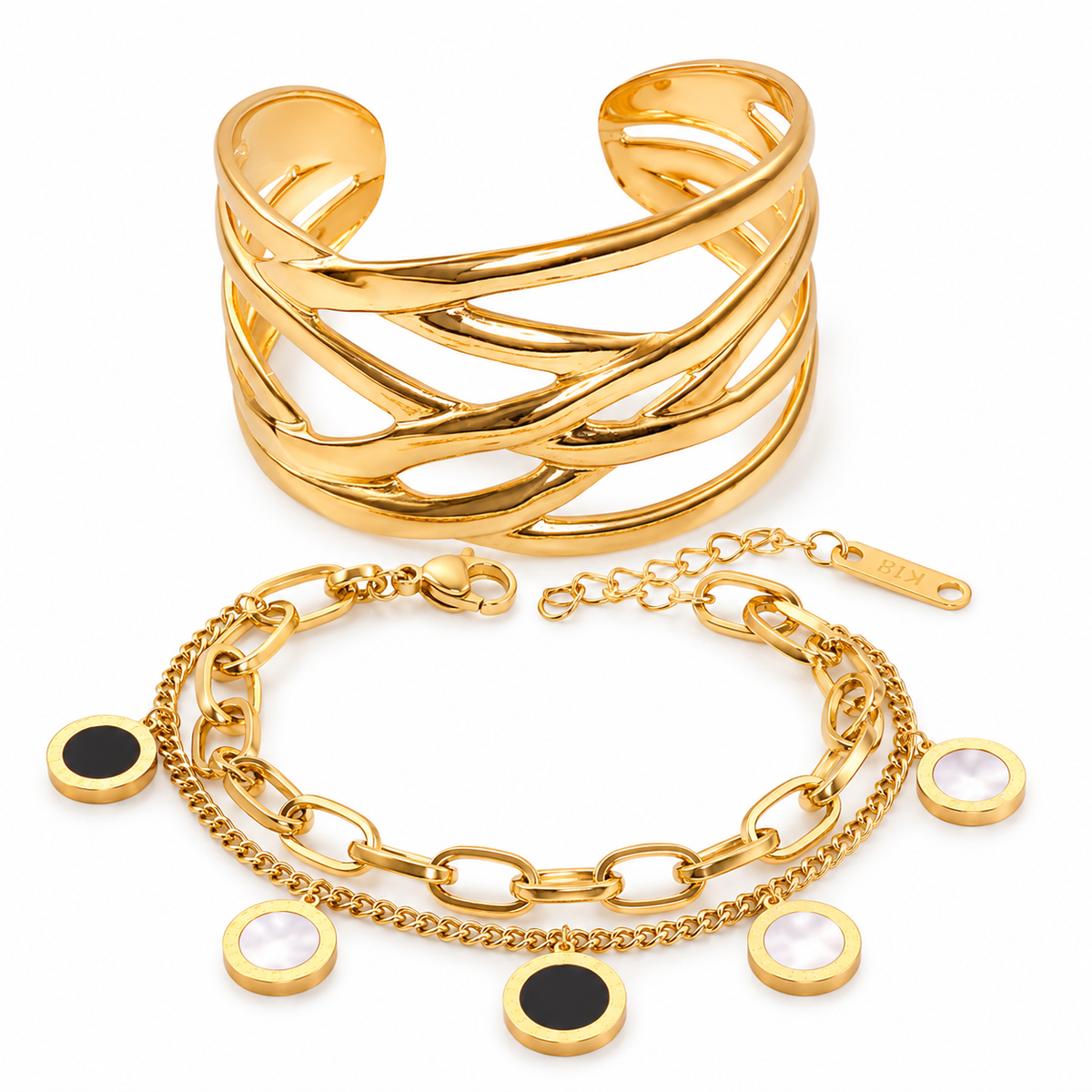 Gold-Tone Layered Bracelet Set with Sculptural Cuff and Roman Numeral Coin Charms