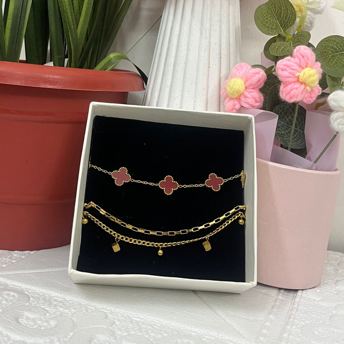 Luxury Red Clover & Gold Chain Bracelet Combo (Set of 2)