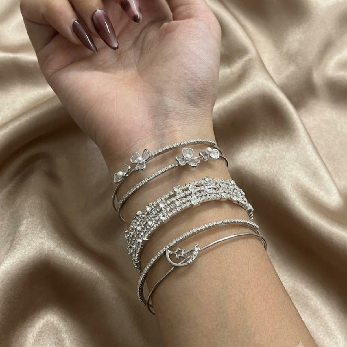 Elegant Silver-Plated Zircon Bracelet & Bangle Combo Set for Women
