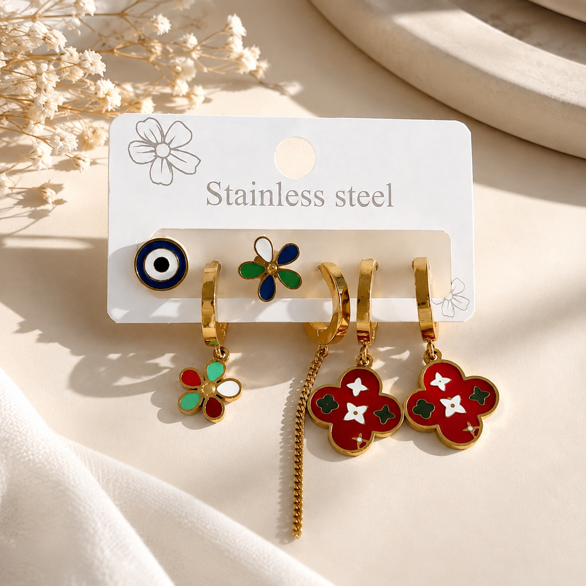 Stainless Steel Boho Enamel Earring Set – Evil Eye, Flower, & Clover Hoop Earring Combo