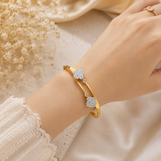 JASSA Gold Plated Heart Crystal Open Cuff Bracelet for Women