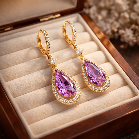 Elegant Purple Teardrop Crystal Gold Earrings