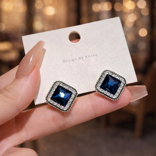 Elegant Blue Crystal Square Stud Earrings