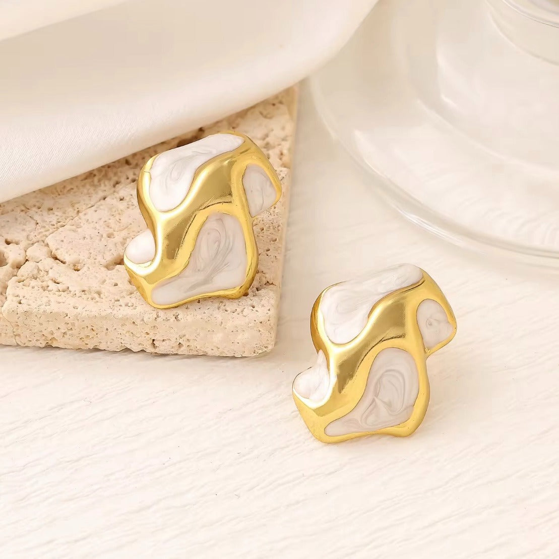 Abstract Gold Enamel Stud Earrings / Fluid Melted Gold Earrings