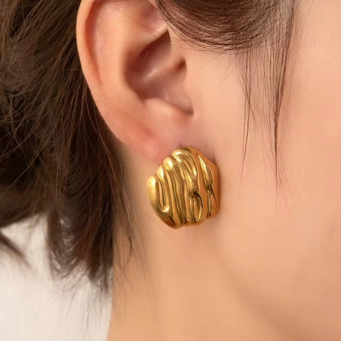 Gold Wavy Textured Chunky Stud Earrings
