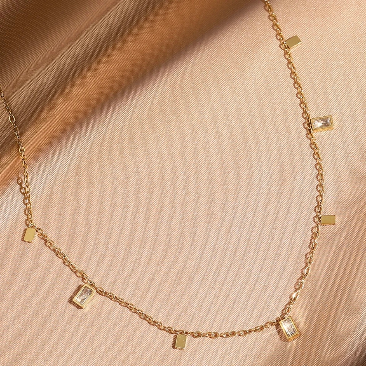 Gold Dangle Charm Choker Necklace with Baguette Zircon & Geometric Charms