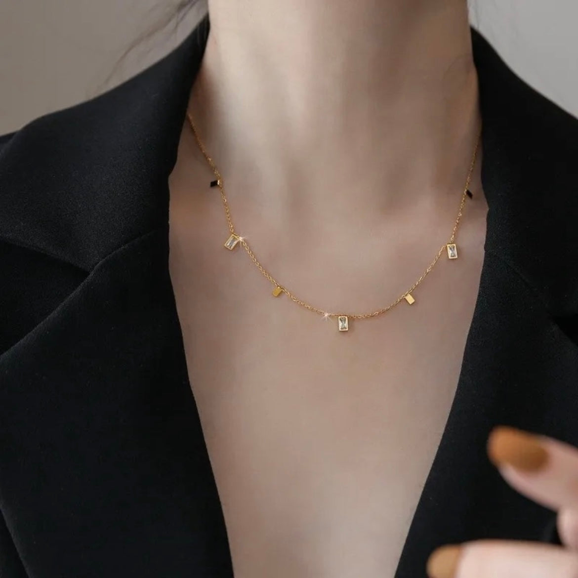 Gold Dangle Charm Choker Necklace with Baguette Zircon & Geometric Charms