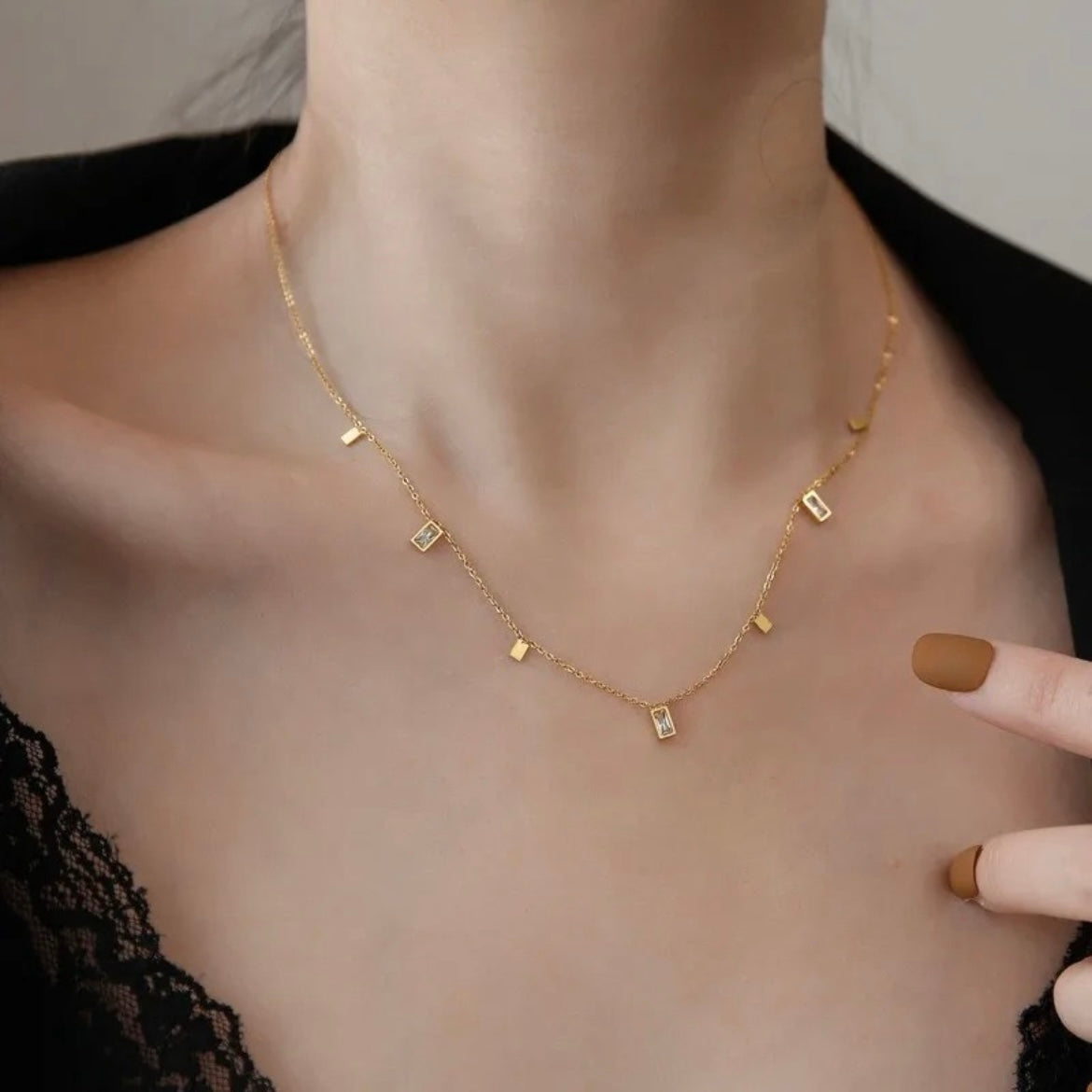 Gold Dangle Charm Choker Necklace with Baguette Zircon & Geometric Charms