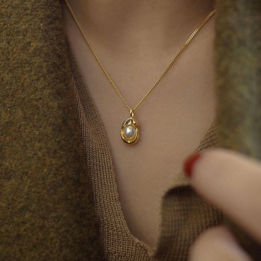 Organic Molten Gold Pearl Pendant Necklace