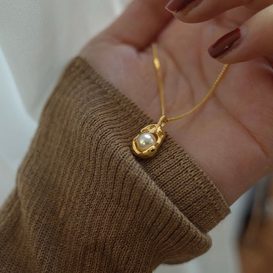 Organic Molten Gold Pearl Pendant Necklace