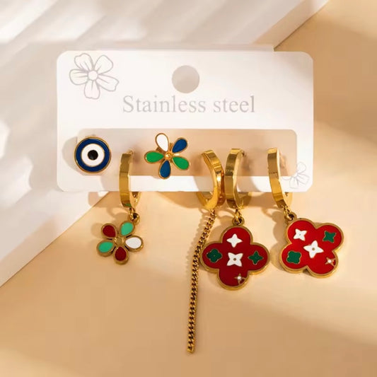 Stainless Steel Boho Enamel Earring Set – Evil Eye, Flower, & Clover Hoop Earring Combo