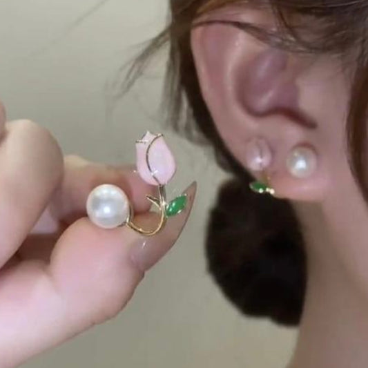 Pink Tulip & Pearl Front-Back Ear Jacket Earrings