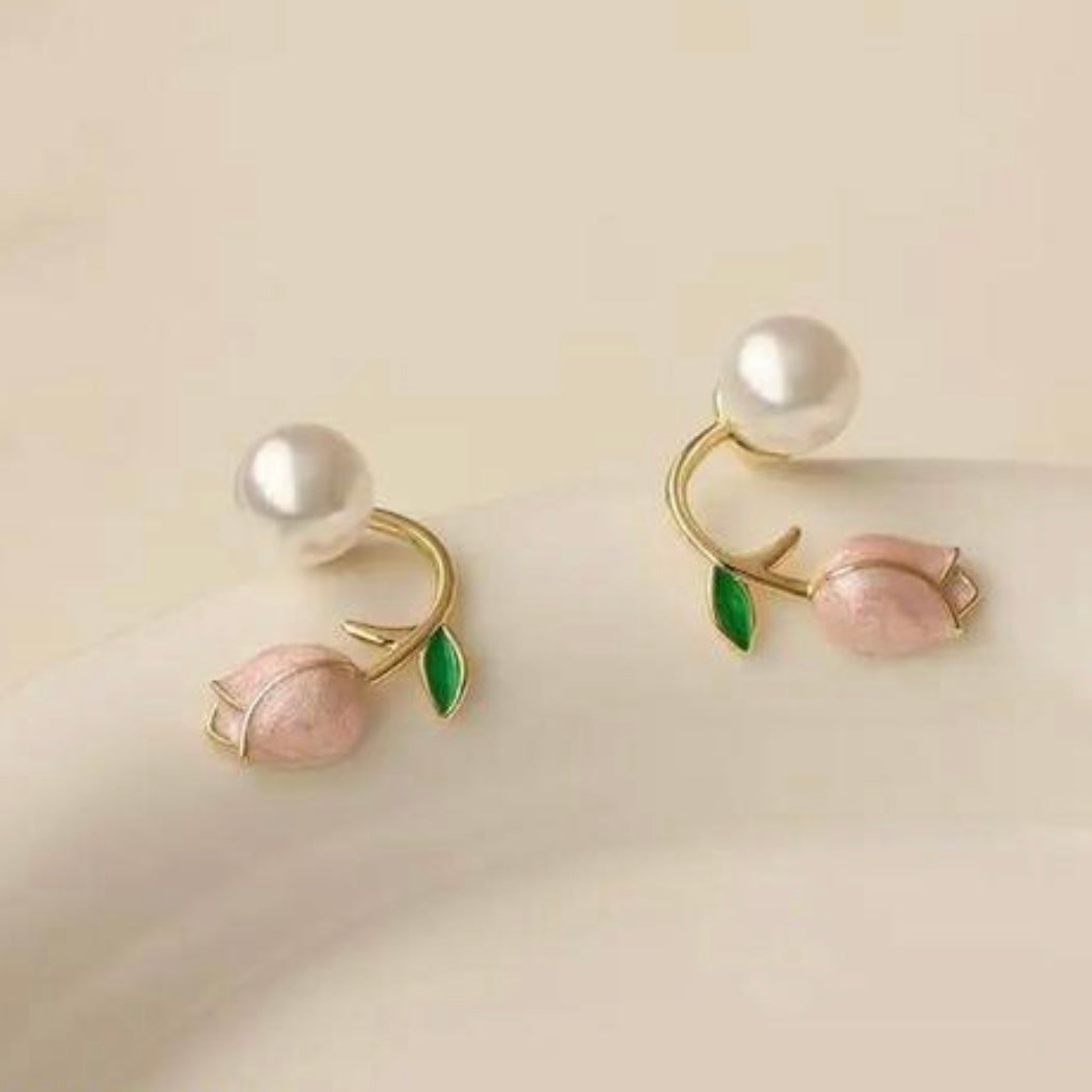 Pink Tulip & Pearl Front-Back Ear Jacket Earrings