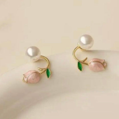 Pink Tulip & Pearl Front-Back Ear Jacket Earrings
