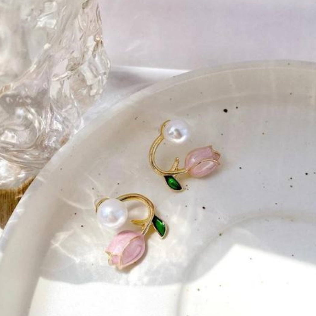 Pink Tulip & Pearl Front-Back Ear Jacket Earrings