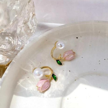 Pink Tulip & Pearl Front-Back Ear Jacket Earrings