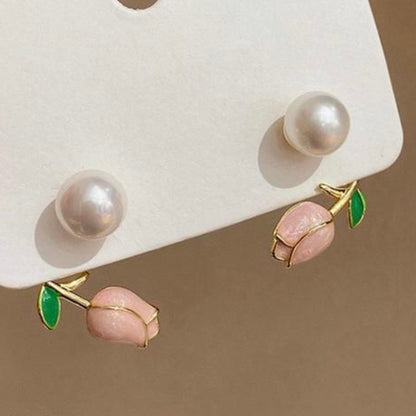 Pink Tulip & Pearl Front-Back Ear Jacket Earrings