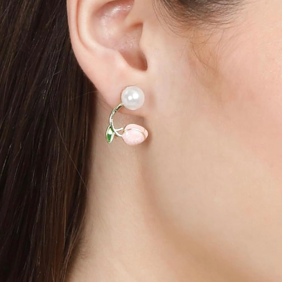 Pink Tulip & Pearl Front-Back Ear Jacket Earrings