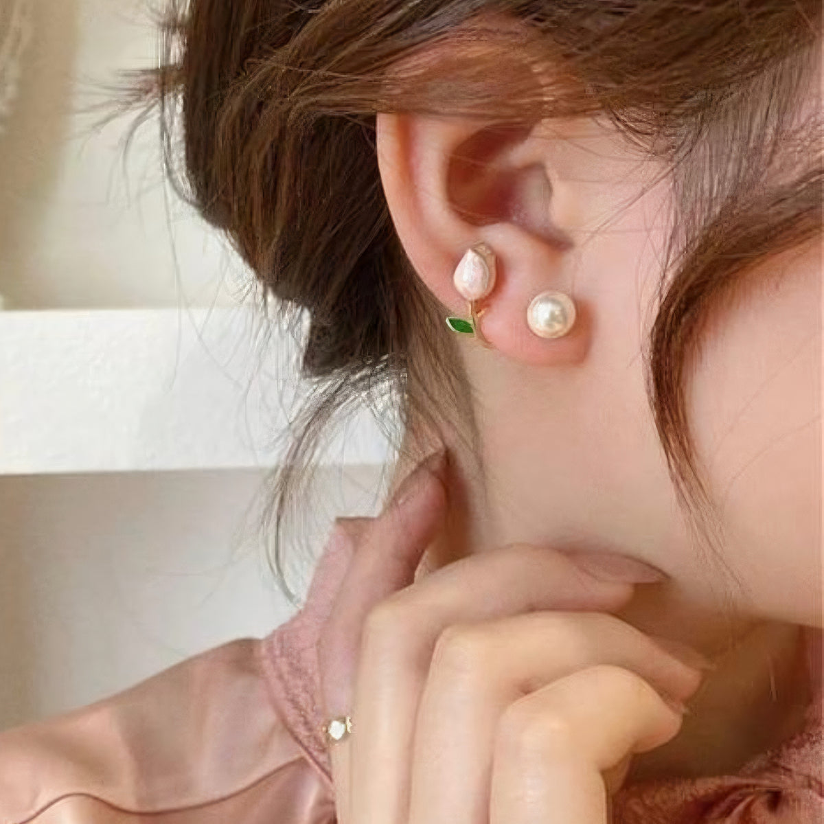 Pink Tulip & Pearl Front-Back Ear Jacket Earrings