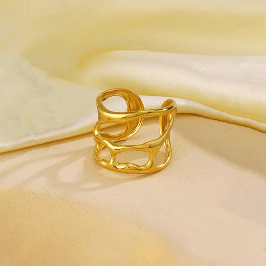 JASSA 18K Gold Plated Minimalist Wave Ring for Women