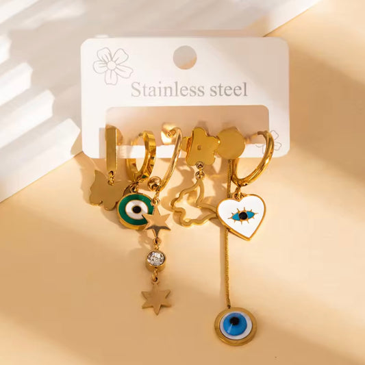 Gold-Tone Evil Eye & Celestial Charm Earring Set