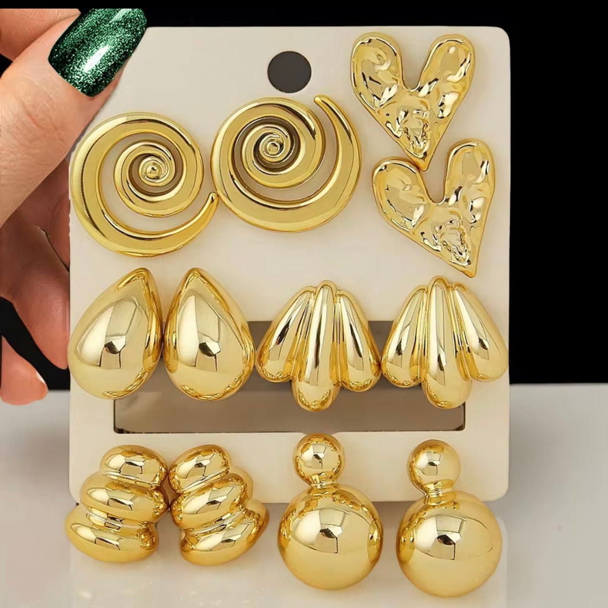 6-Pair Chunky Gold Stud Earring Set – Vintage-Inspired Abstract & Textured Statements