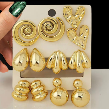 6-Pair Chunky Gold Stud Earring Set – Vintage-Inspired Abstract & Textured Statements