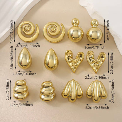 6-Pair Chunky Gold Stud Earring Set – Vintage-Inspired Abstract & Textured Statements