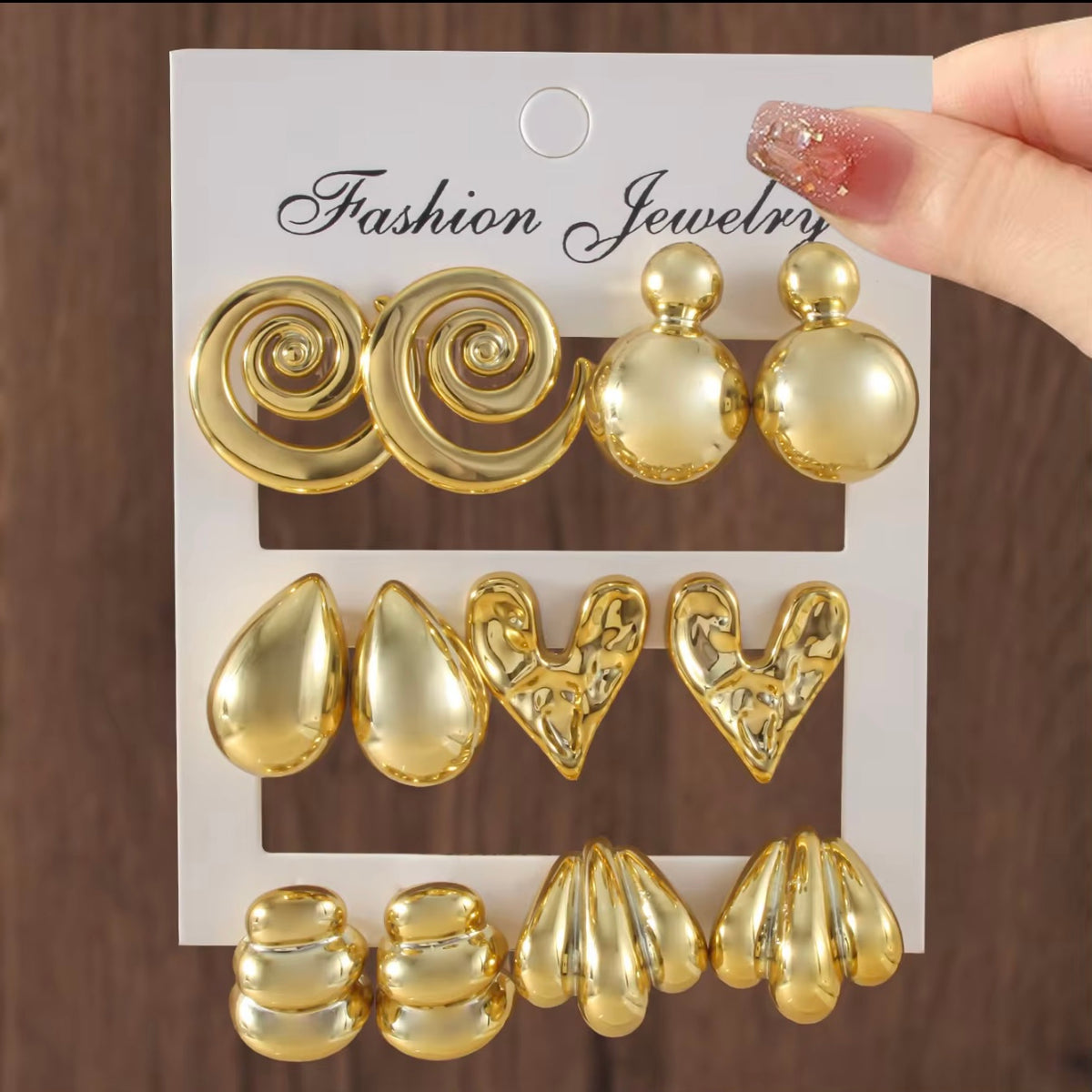 6-Pair Chunky Gold Stud Earring Set – Vintage-Inspired Abstract & Textured Statements