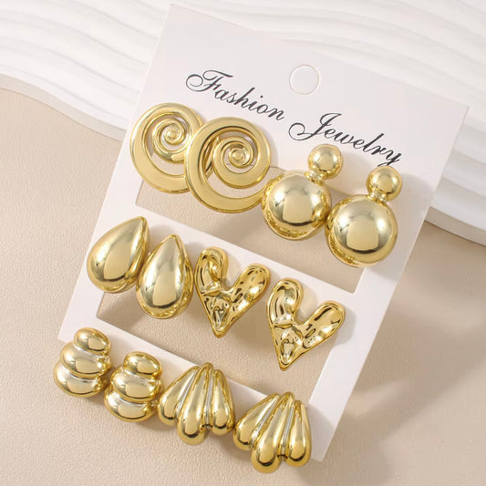 6-Pair Chunky Gold Stud Earring Set – Vintage-Inspired Abstract & Textured Statements