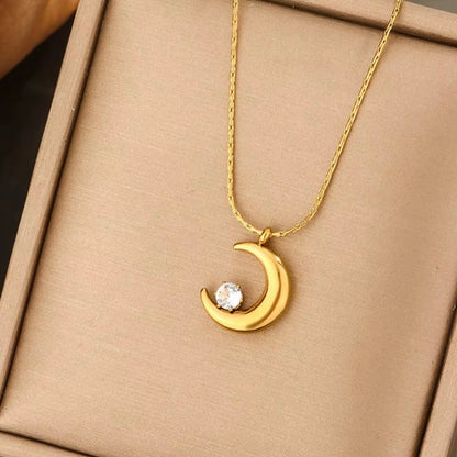 Dainty Gold Crescent Moon Pendant Necklace with Solitaire Crystal