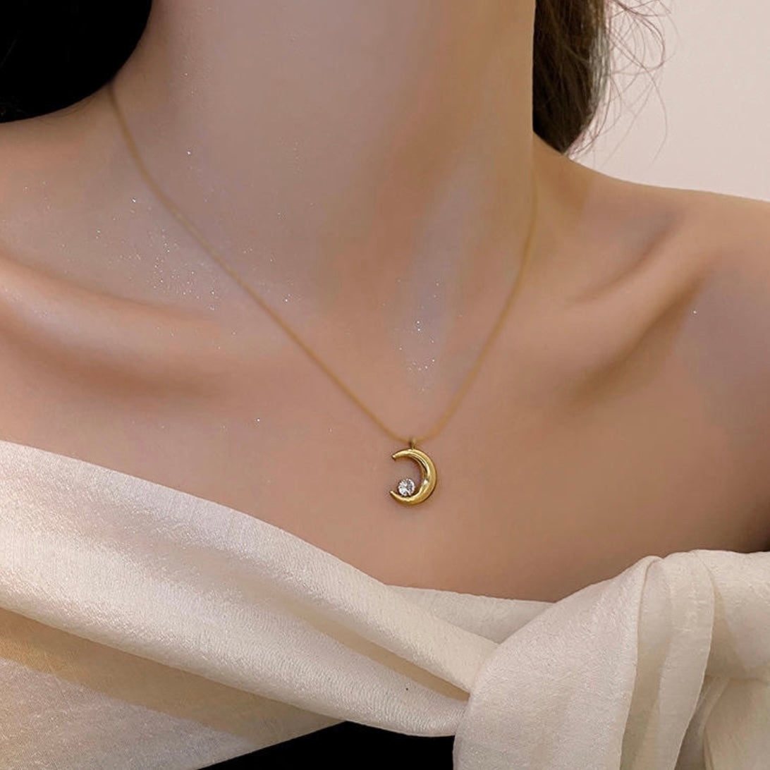 Dainty Gold Crescent Moon Pendant Necklace with Solitaire Crystal