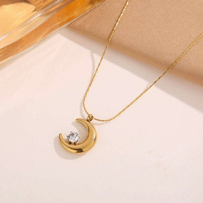 Dainty Gold Crescent Moon Pendant Necklace with Solitaire Crystal