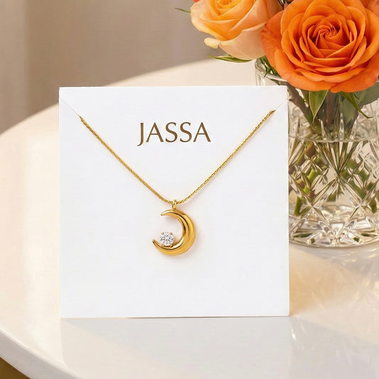 Dainty Gold Crescent Moon Pendant Necklace with Solitaire Crystal