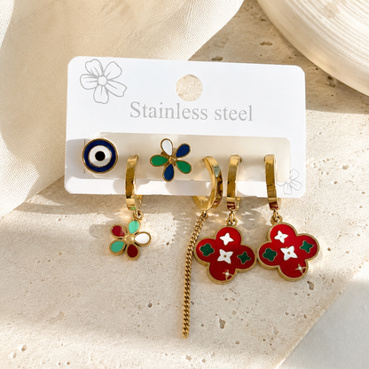 Stainless Steel Boho Enamel Earring Set – Evil Eye, Flower, & Clover Hoop Earring Combo