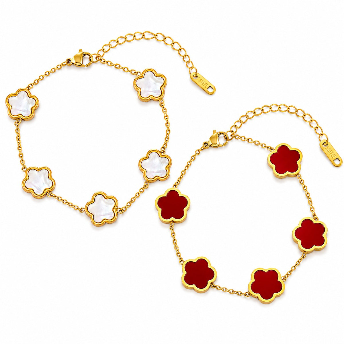 Dual-Layered Gold Plated Four-Leaf Clover Bracelet Combo Set (Red & White)